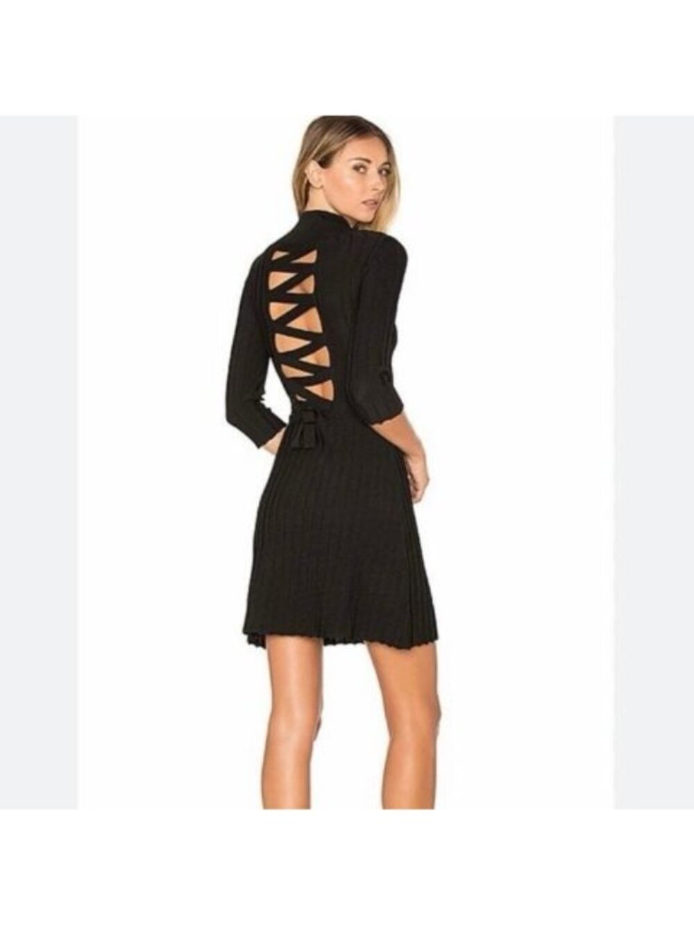 For Love & Lemons Knitz Simone Lace Up Back Ribbed Mini Dress Black Small